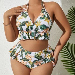 NWOT Plus Tropical Print Ruffle Hem Bikini Swimsuit